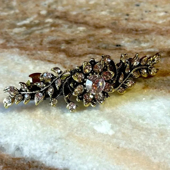 Floral Crystal Rhinestone Medium Barrette/Hair Clip Gold Tone Setting - Picture 4 of 7